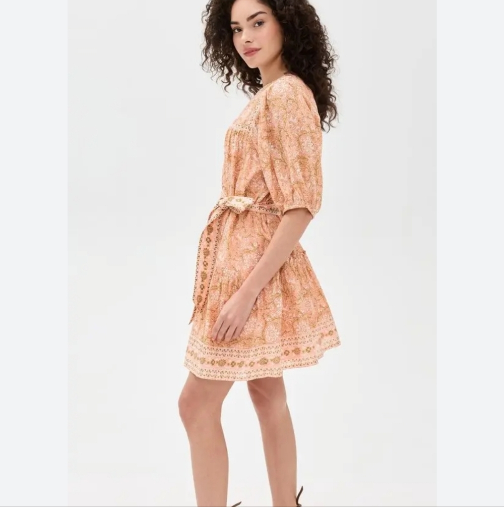 Cleobella Magdalena Mini Dress Peach Gray Indian Blockprint XS Belted Tuckernuck